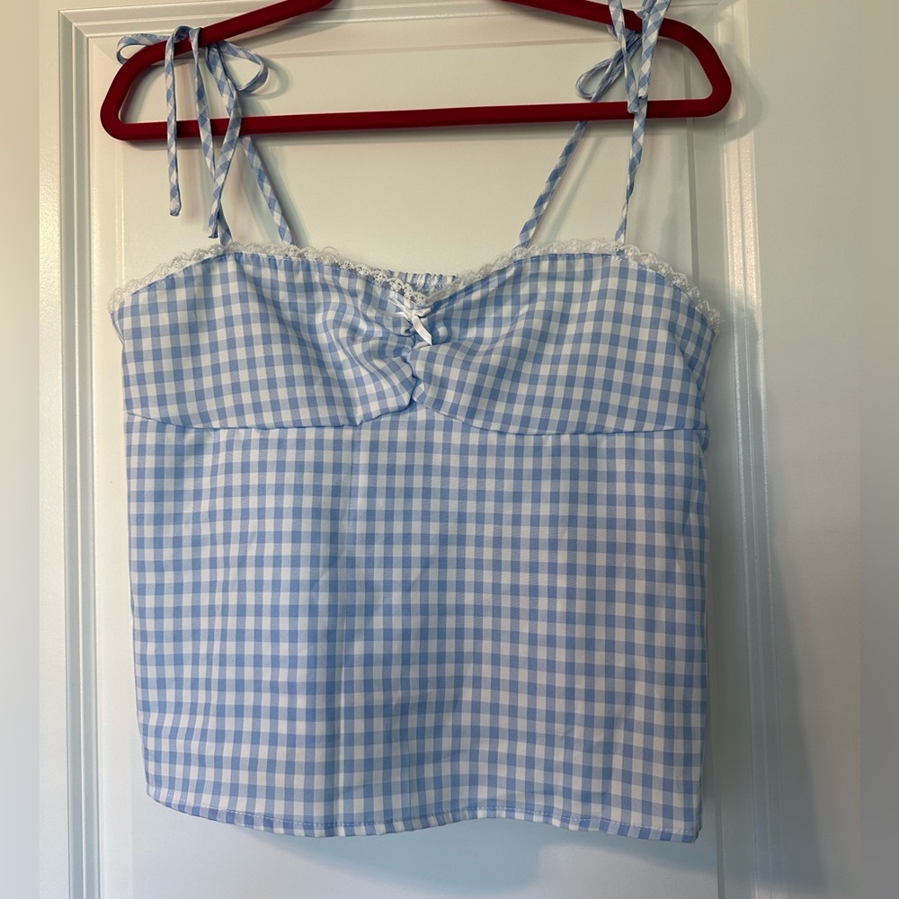 Blue Gingham Plaid Tie-Strap Tank with Lace Detailing and Bow. Brand new.